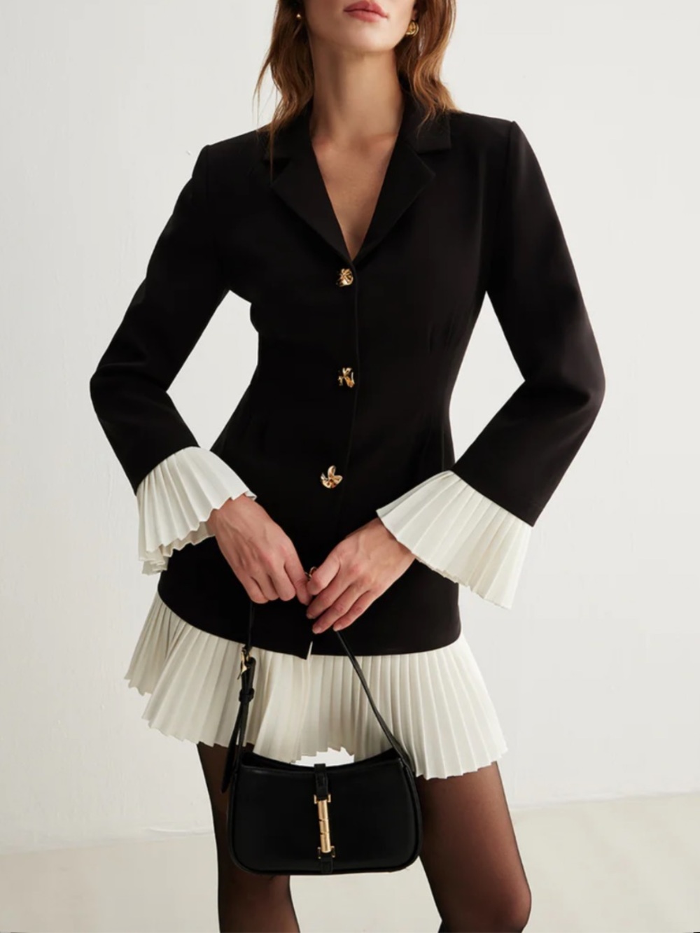 Commense Black Blazer with White Pleated Trim